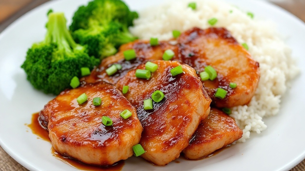 Sticky Honey Garlic Pork Recipe A serving of Honey Garlic Pork medallions glazed with honey sauce, garnished with green onions, served with rice and broccoli.